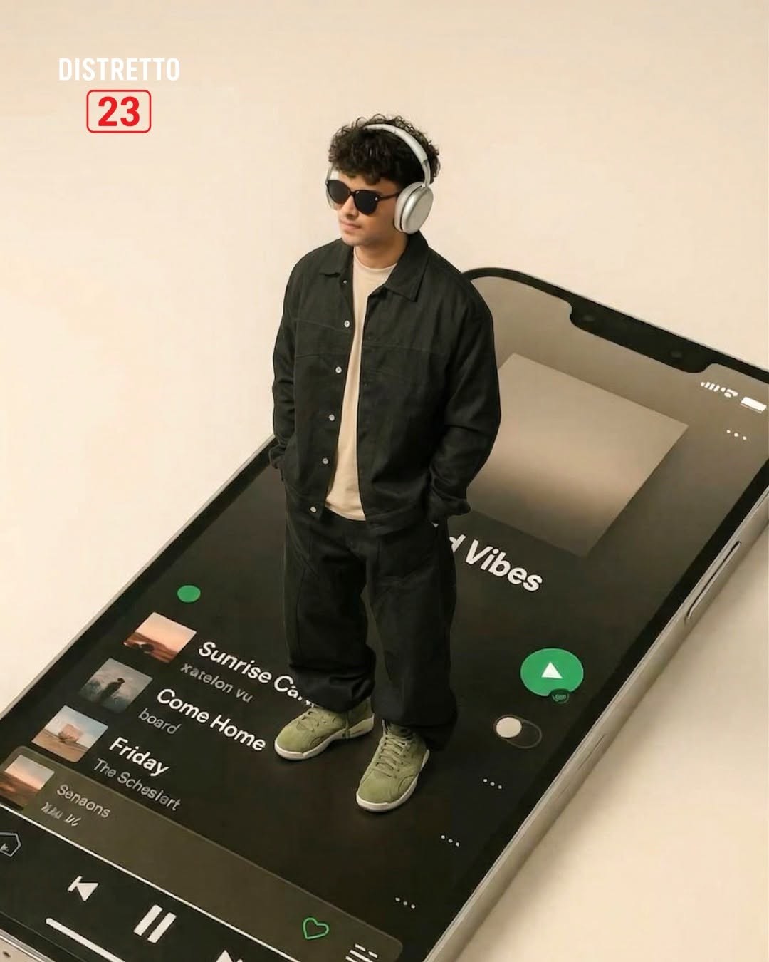 Ragazzo con cuffie, giacca nera, t-shirt beige e sneakers verdi su uno smartphone gigante, logo Distretto 23
